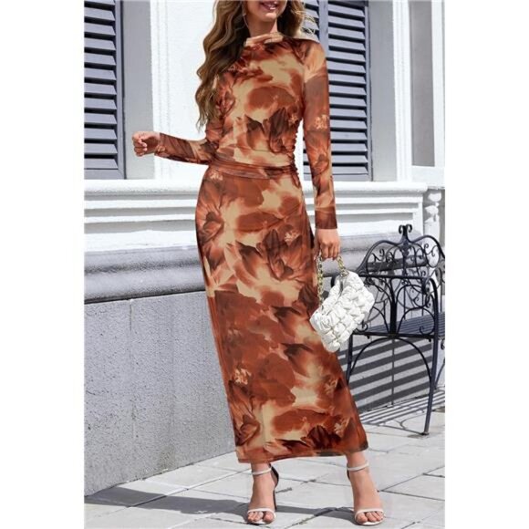 Women's Long Sleeve Maxi Dress Orange Brown - Picture 2 of 5